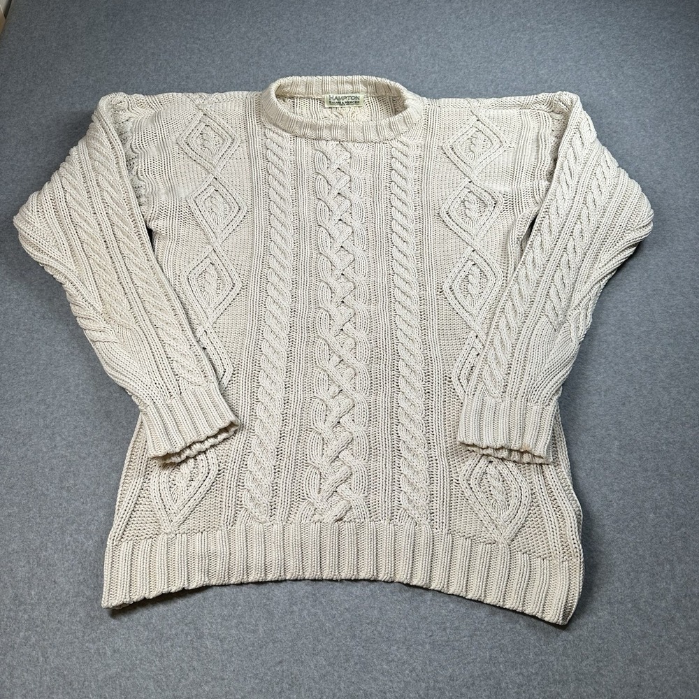 Baume & Mercier Hampton Cable Knit Sweater Mens L Cream Cotton Fisherman NOTE